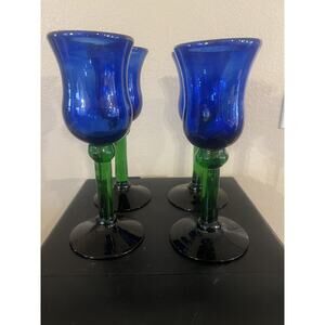 Set of 4 Handblown Cobalt Blue Goblet Glasses